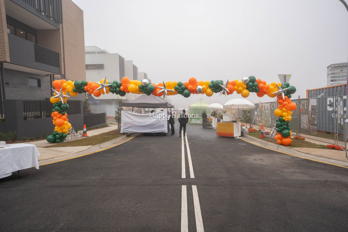 Wide view of the completed Edmondson Park property-launch balloon arch