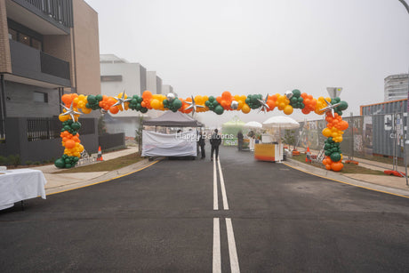 Wide view of the completed Edmondson Park property-launch balloon arch
