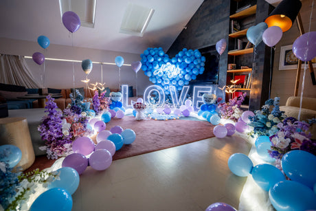 Completed Ovolo Sydney proposal room with LOVE letters, flowers and balloons
