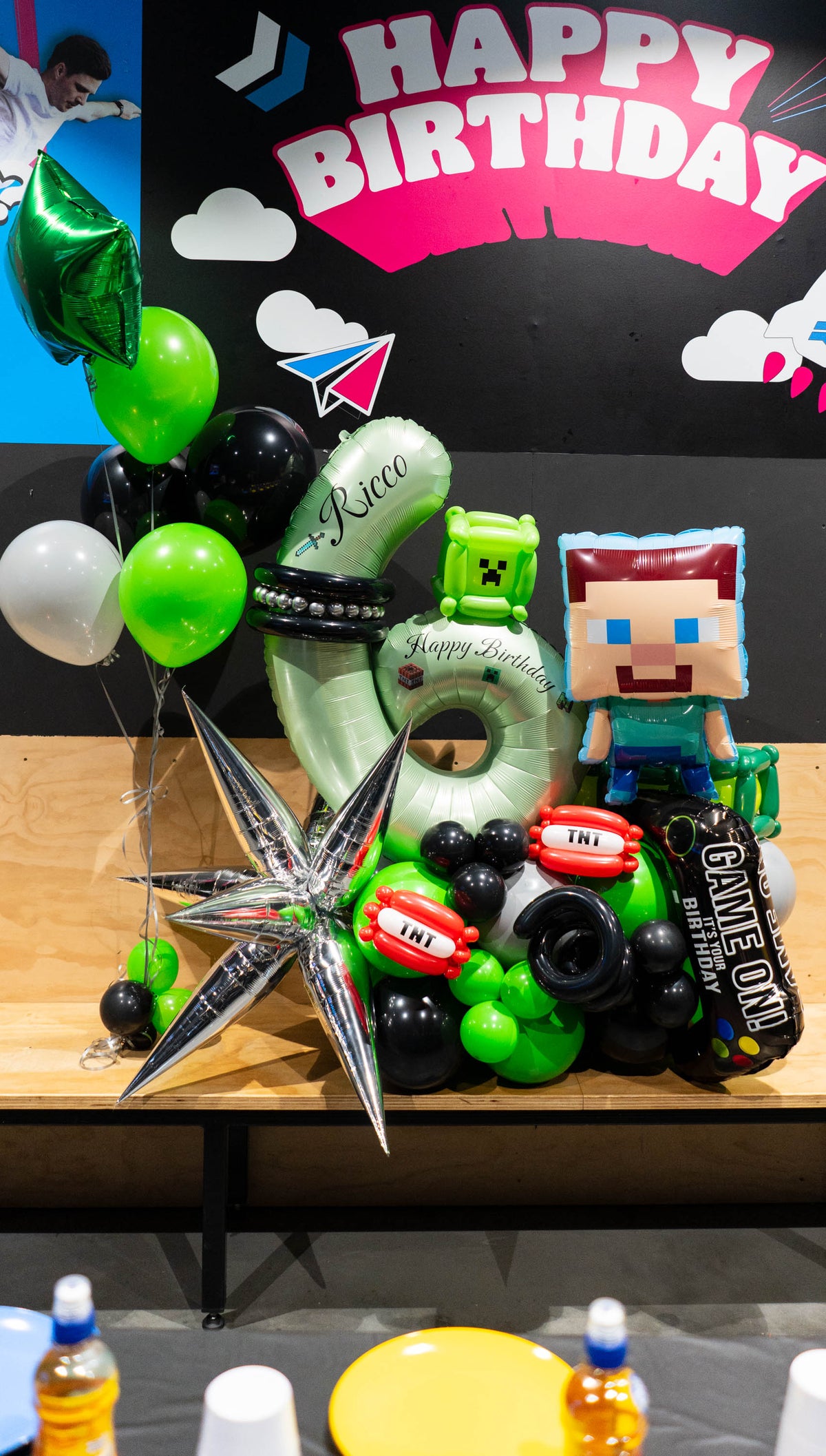 Minecraft themed number balloon set with green and black balloons - vertical view