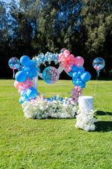 Gender reveal floral balloon ring decoration in pink and blue