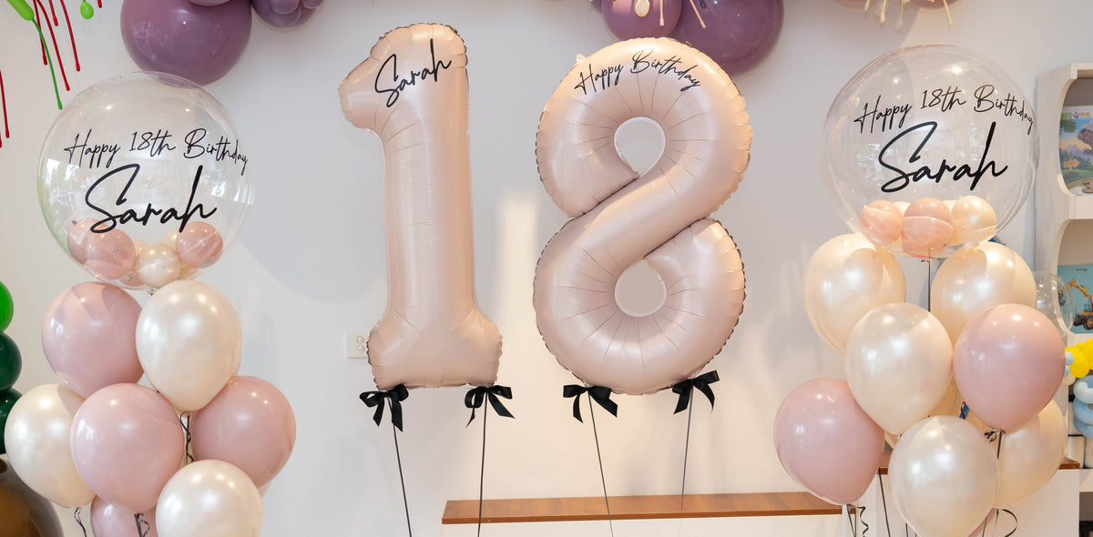 Personalised printed number balloons with two bubble balloons - custom display