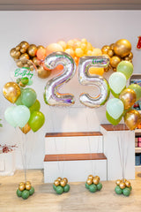 Two printed number balloons with 19 latex balloons and bubble balloon display